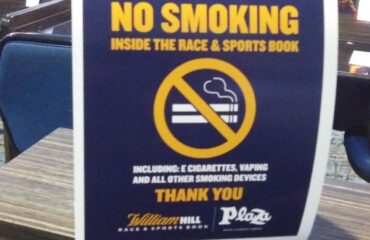 No smoking sign in the William Hill Sportsbook at Plaza Hotel & Casino in Las Vegas.