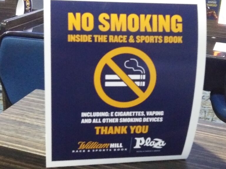 No smoking sign in the William Hill Sportsbook at Plaza Hotel & Casino in Las Vegas.